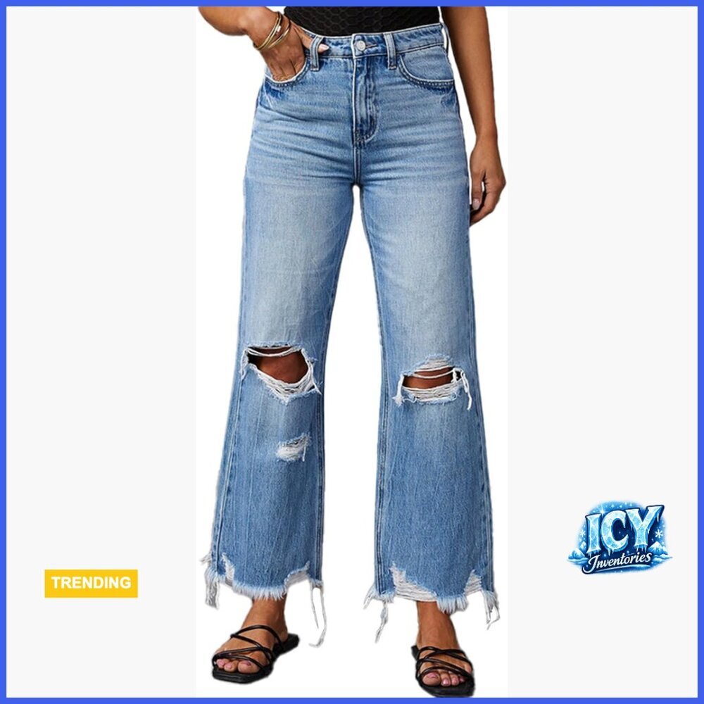 Ripped Bell Bottom Jeans High-Rise Distressed Raw Edge Hem Boyfriend Wide Leg
